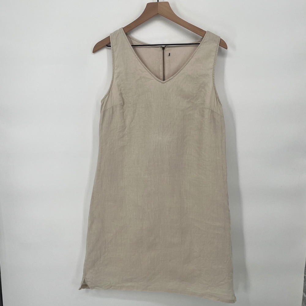 100% Linen Shift Dress Women Beige Sleeveless V-Neck Minimalist